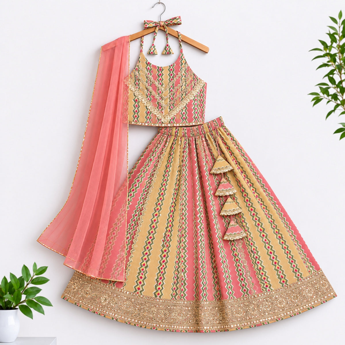 The Magic Wand Cotton Woven Cambric Ethnic Chevron Printed Laced Halter Neck Choli And Lehenga Set With Dupatta - Peach
