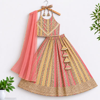 The Magic Wand Cotton Woven Cambric Ethnic Chevron Printed Laced Halter Neck Choli And Lehenga Set With Dupatta - Peach