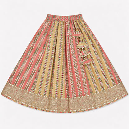 The Magic Wand Cotton Woven Cambric Ethnic Chevron Printed Laced Halter Neck Choli And Lehenga Set With Dupatta - Peach