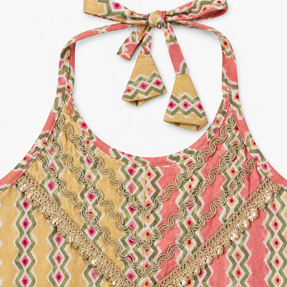 The Magic Wand Cotton Woven Cambric Ethnic Chevron Printed Laced Halter Neck Choli And Lehenga Set With Dupatta - Peach
