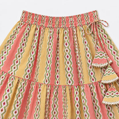 The Magic Wand Cotton Woven Cambric Ethnic Chevron Printed Laced Halter Neck Choli And Lehenga Set With Dupatta - Peach