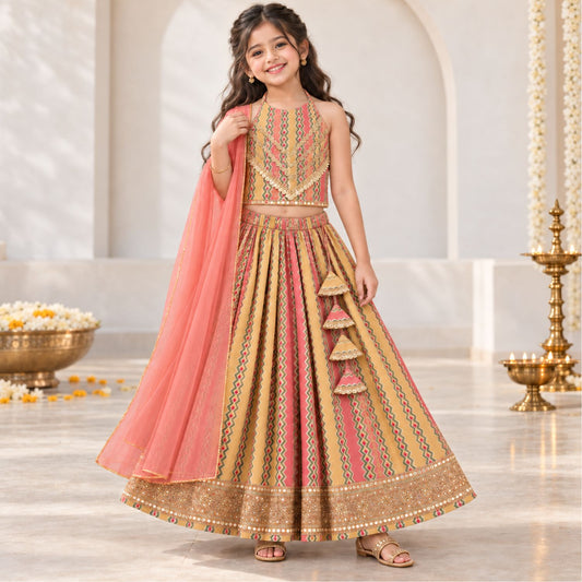 The Magic Wand Cotton Woven Cambric Ethnic Chevron Printed Laced Halter Neck Choli And Lehenga Set With Dupatta - Peach