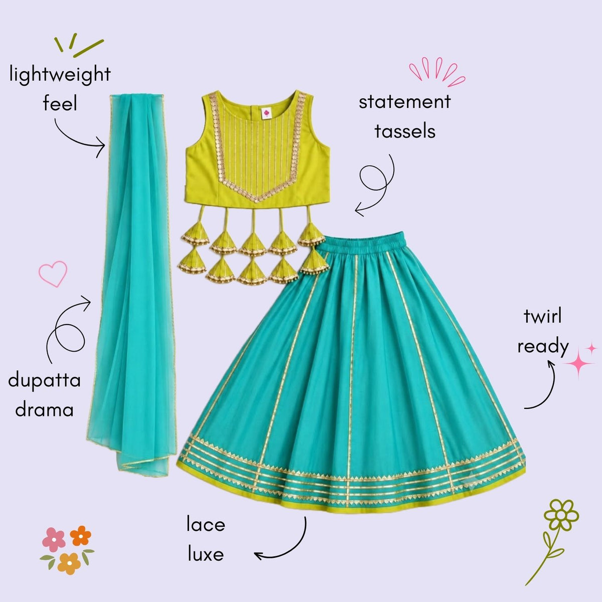 The Magic Wand Woven Sleeveless Lace Embellished Statement Tassel Detailed Choli & Lehenga Set With Dupatta - Sea Green