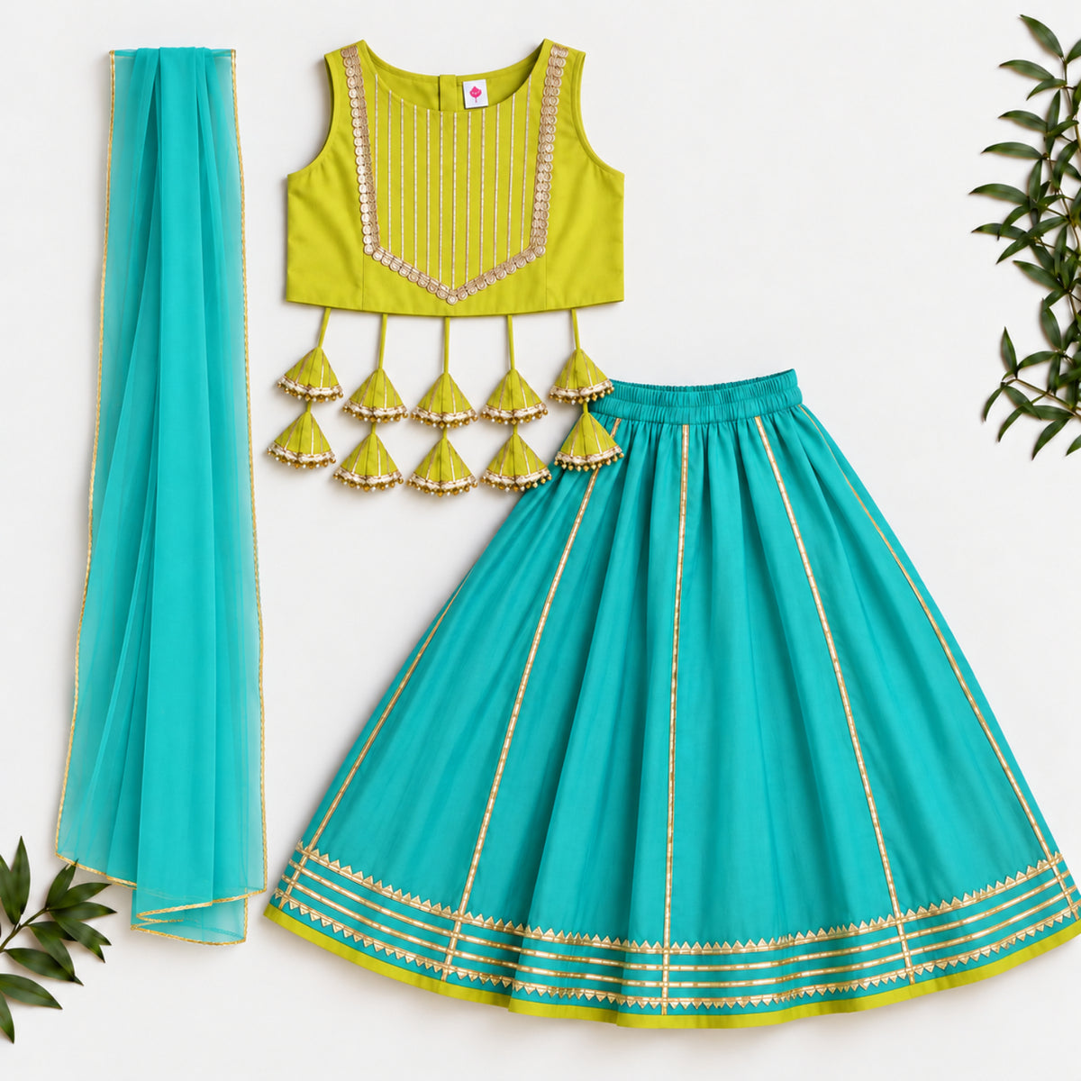 The Magic Wand Woven Sleeveless Lace Embellished Statement Tassel Detailed Choli & Lehenga Set With Dupatta - Sea Green