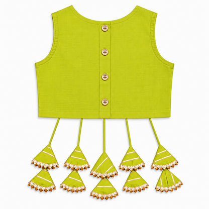 The Magic Wand Woven Sleeveless Lace Embellished Statement Tassel Detailed Choli & Lehenga Set With Dupatta - Sea Green