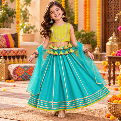 The Magic Wand Woven Sleeveless Lace Embellished Statement Tassel Detailed Choli & Lehenga Set With Dupatta - Sea Green