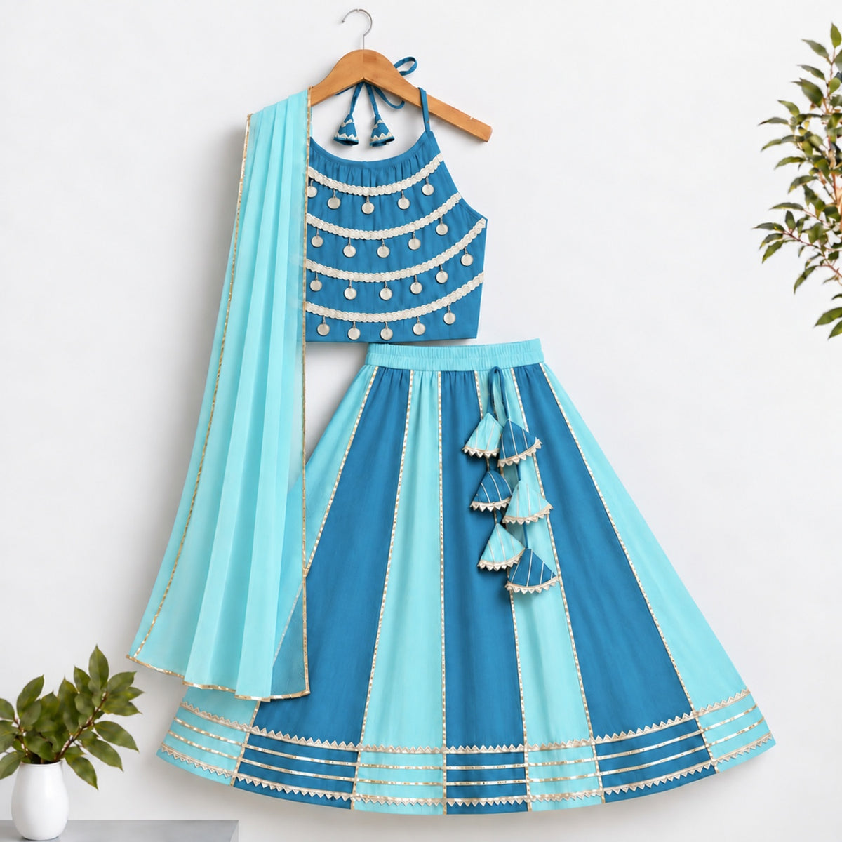 The Magic Wand Woven Coin Laced Halter Neck Choli And Lehenga Set With Dupatta - Blue
