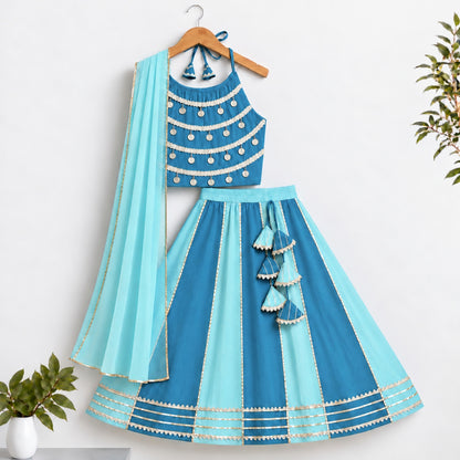 The Magic Wand Woven Coin Laced Halter Neck Choli And Lehenga Set With Dupatta - Blue