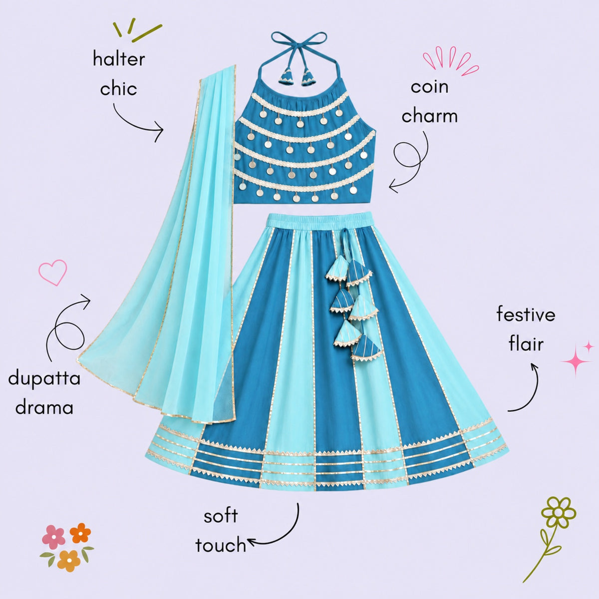 The Magic Wand Woven Coin Laced Halter Neck Choli And Lehenga Set With Dupatta - Blue