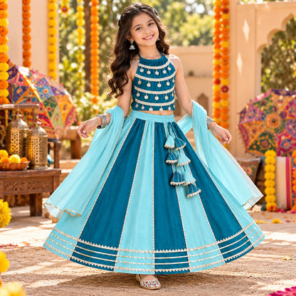 The Magic Wand Woven Coin Laced Halter Neck Choli And Lehenga Set With Dupatta - Blue