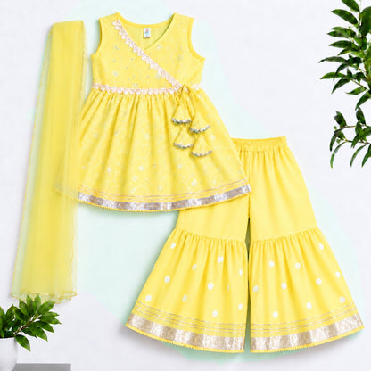 The Magic wand Woven Sleeveless Lace Embellished Kurti And Sharara Set With Dupatta - Yellow