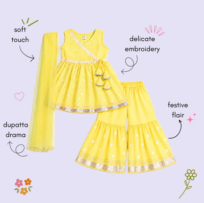 The Magic wand Woven Sleeveless Lace Embellished Kurti And Sharara Set With Dupatta - Yellow