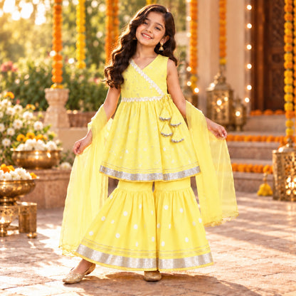 The Magic wand Woven Sleeveless Lace Embellished Kurti And Sharara Set With Dupatta - Yellow