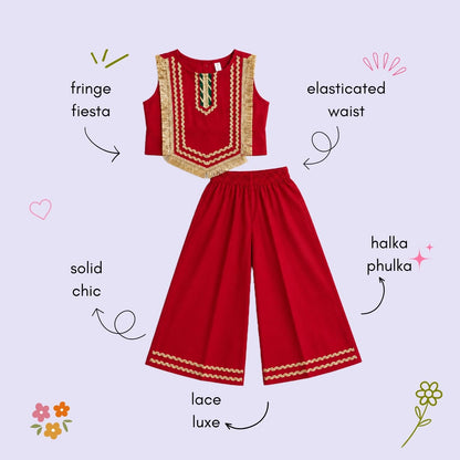 The Magic Wand Woven Sleeveless Fringe Laced Top and Palazzo Set - Red