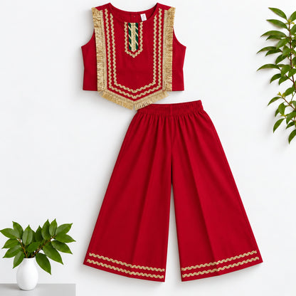 The Magic Wand Woven Sleeveless Fringe Laced Top and Palazzo Set - Red