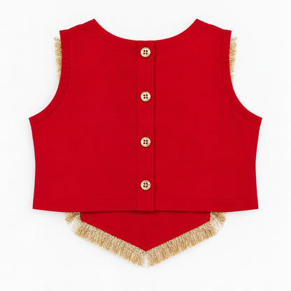 The Magic Wand Woven Sleeveless Fringe Laced Top and Palazzo Set - Red