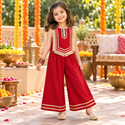The Magic Wand Woven Sleeveless Fringe Laced Top and Palazzo Set - Red