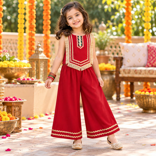 The Magic Wand Woven Sleeveless Fringe Laced Top and Palazzo Set - Red
