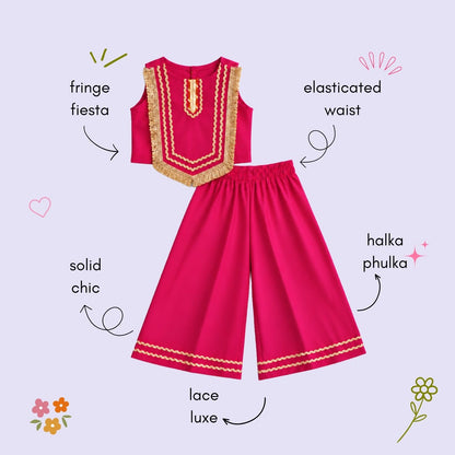 The Magic Wand Woven Sleeveless Fringe Laced Top and Palazzo Set - Fuschia