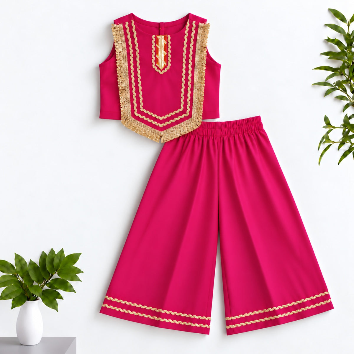 The Magic Wand Woven Sleeveless Fringe Laced Top and Palazzo Set - Fuschia