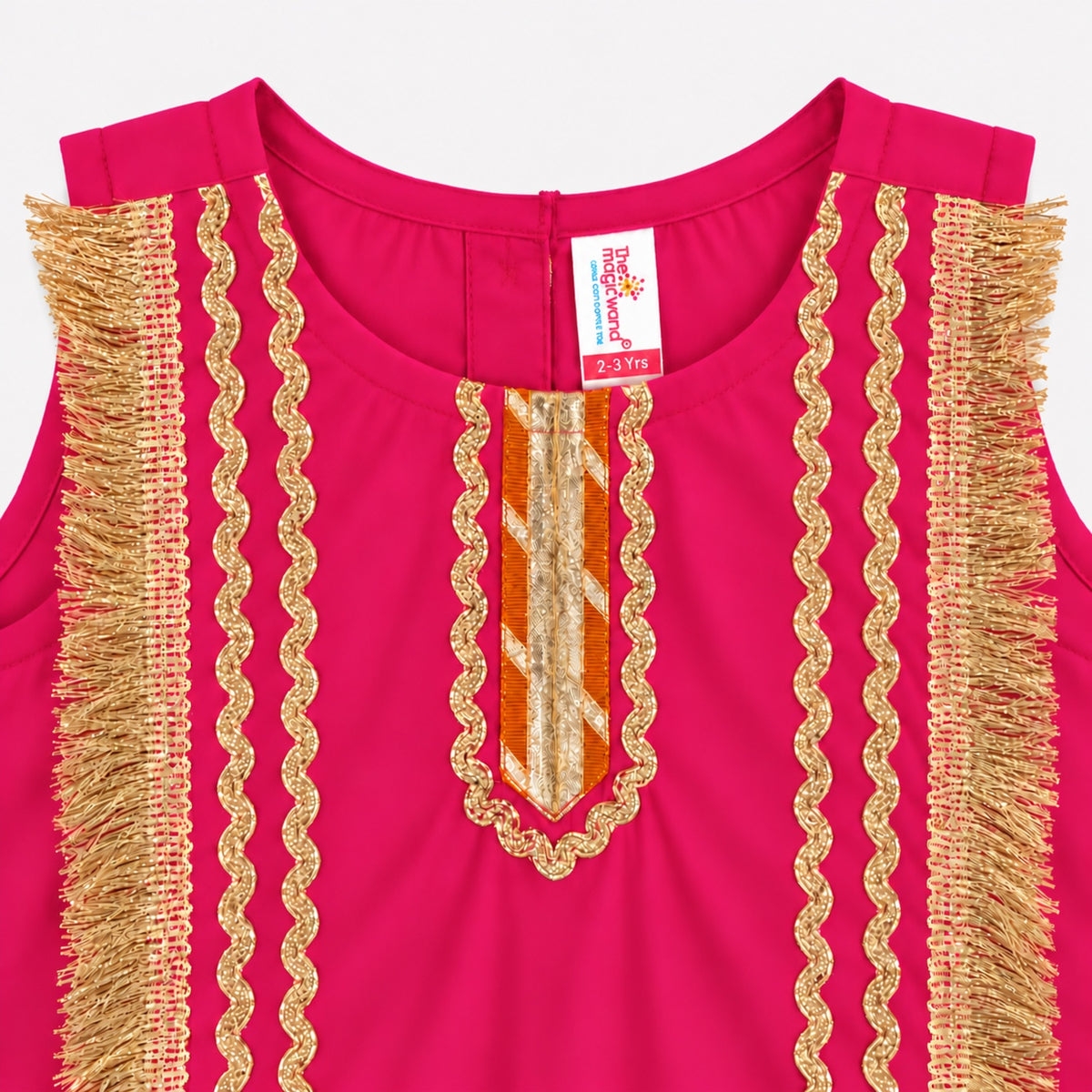 The Magic Wand Woven Sleeveless Fringe Laced Top and Palazzo Set - Fuschia