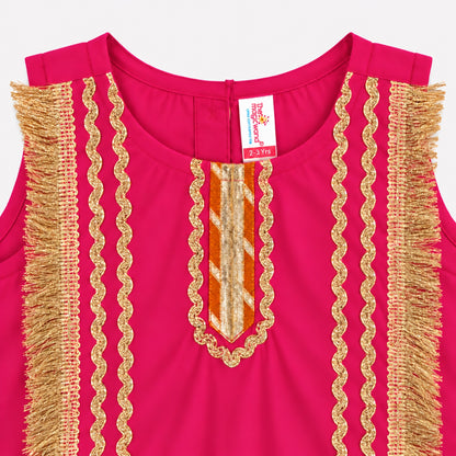 The Magic Wand Woven Sleeveless Fringe Laced Top and Palazzo Set - Fuschia