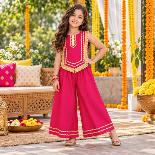 The Magic Wand Woven Sleeveless Fringe Laced Top and Palazzo Set - Fuschia