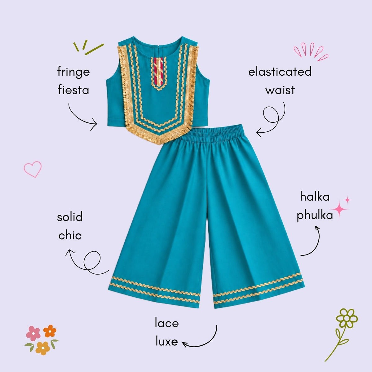 The Magic Wand Woven Sleeveless Fringe Laced Top and Palazzo Set - Teal Blue