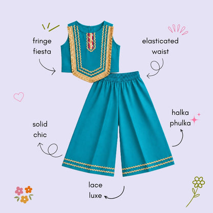 The Magic Wand Woven Sleeveless Fringe Laced Top and Palazzo Set - Teal Blue
