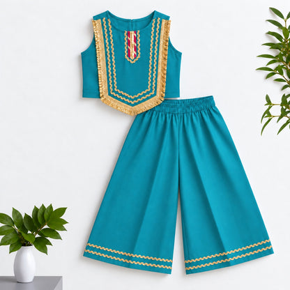 The Magic Wand Woven Sleeveless Fringe Laced Top and Palazzo Set - Teal Blue