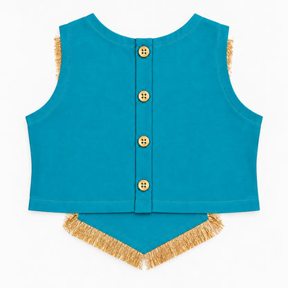 The Magic Wand Woven Sleeveless Fringe Laced Top and Palazzo Set - Teal Blue