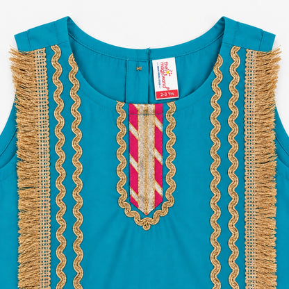 The Magic Wand Woven Sleeveless Fringe Laced Top and Palazzo Set - Teal Blue