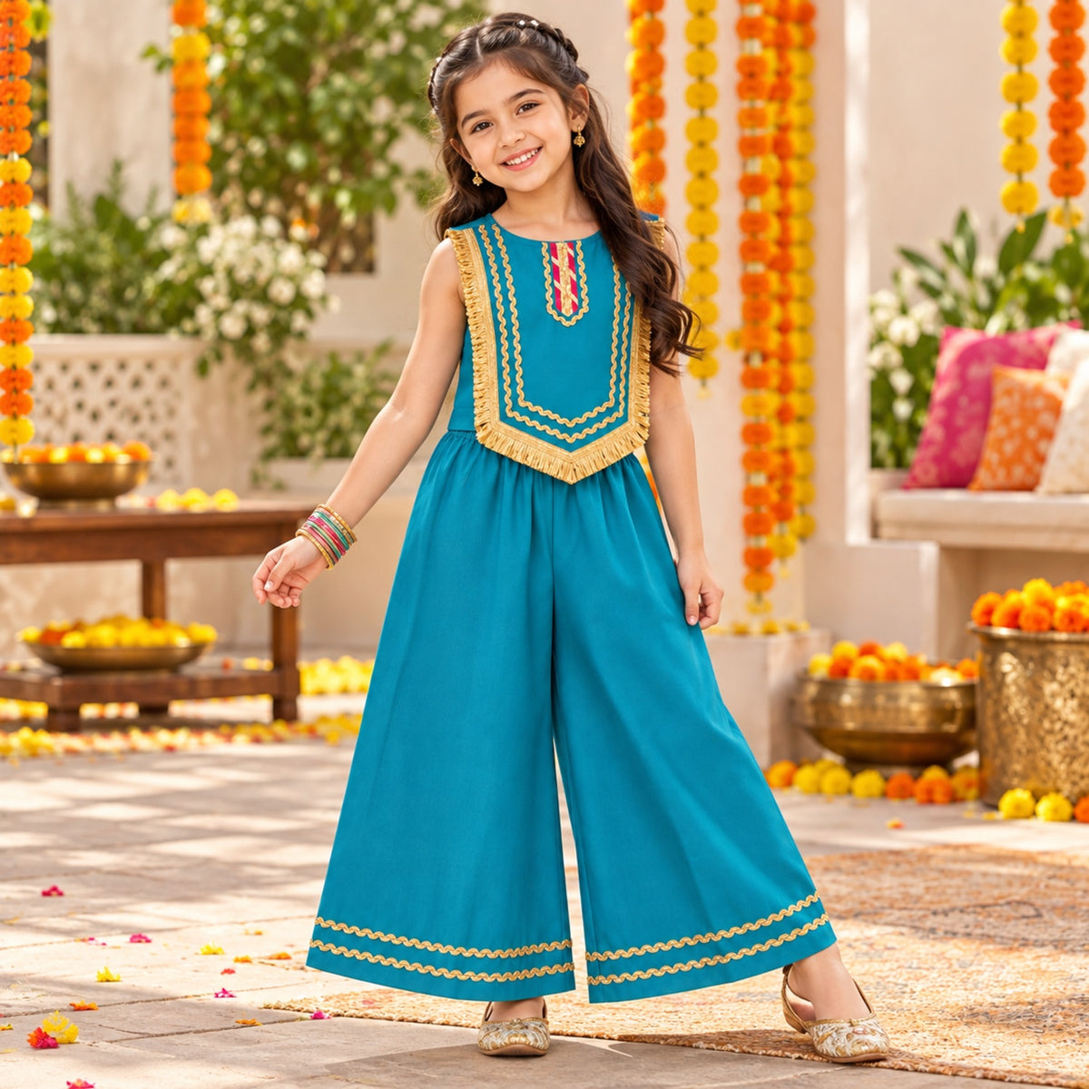 The Magic Wand Woven Sleeveless Fringe Laced Top and Palazzo Set - Teal Blue