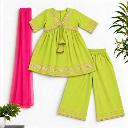 The Magic Wand Woven Elbow Sleeves Aaliya Cut Laced Kurti And Pant Set With Dupatta - Green