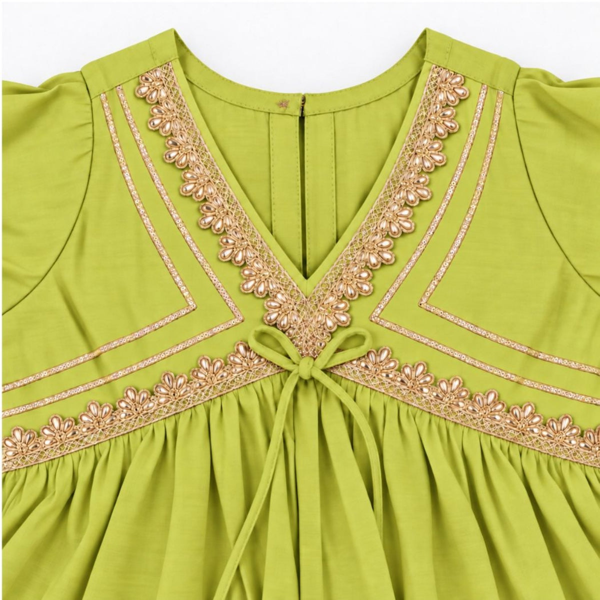 The Magic Wand Woven Elbow Sleeves Aaliya Cut Laced Kurti And Pant Set With Dupatta - Green