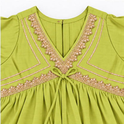 The Magic Wand Woven Elbow Sleeves Aaliya Cut Laced Kurti And Pant Set With Dupatta - Green