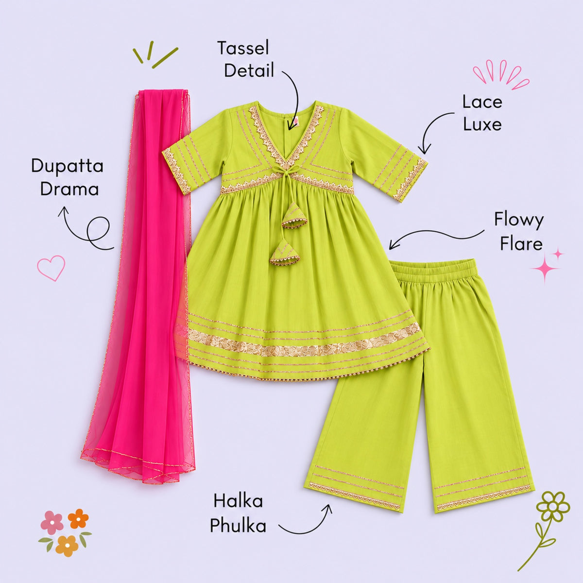 The Magic Wand Woven Elbow Sleeves Aaliya Cut Laced Kurti And Pant Set With Dupatta - Green