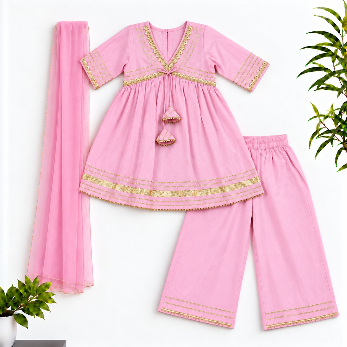 The Magic Wand Woven Elbow Sleeves Aaliya Cut Laced Kurti And Pant Set With Dupatta - Pink