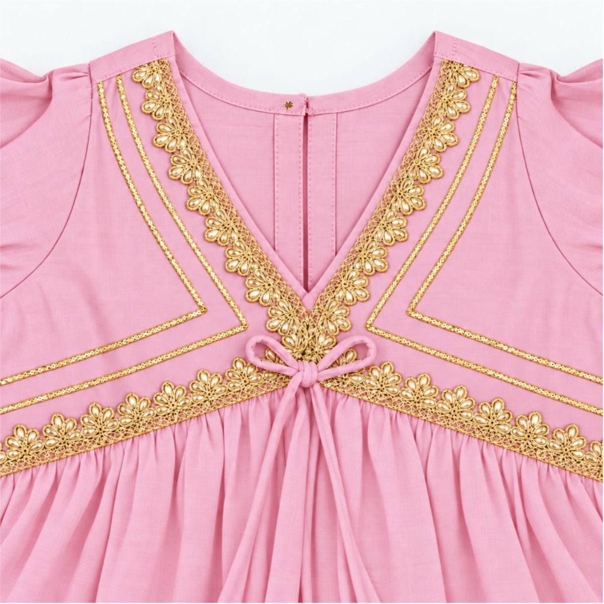 The Magic Wand Woven Elbow Sleeves Aaliya Cut Laced Kurti And Pant Set With Dupatta - Pink