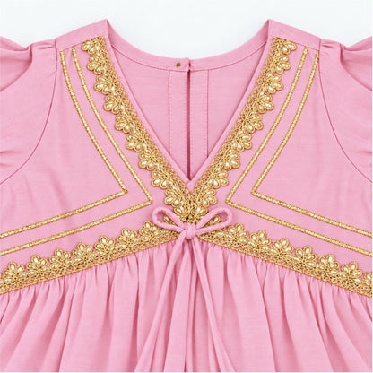 The Magic Wand Woven Elbow Sleeves Aaliya Cut Laced Kurti And Pant Set With Dupatta - Pink