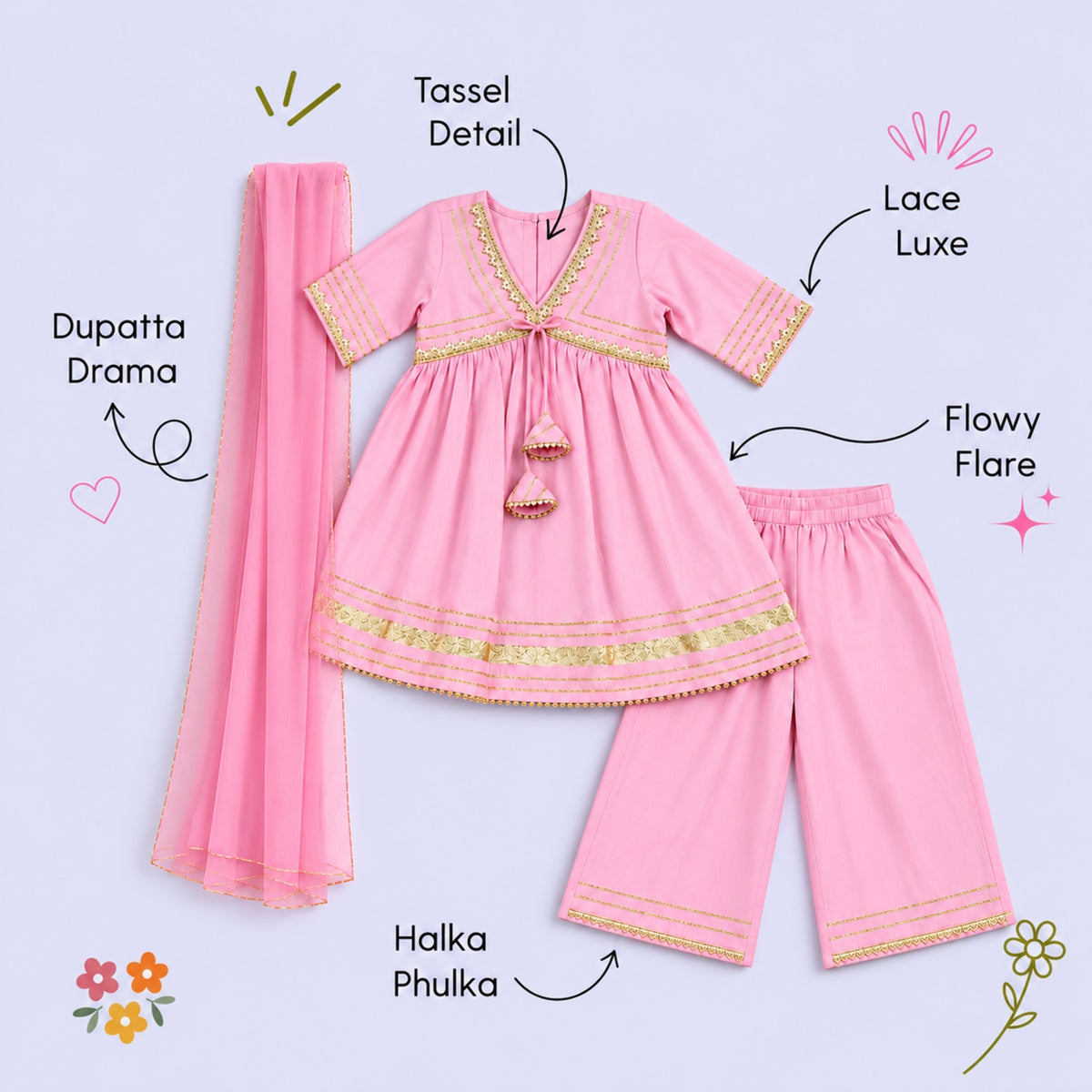 The Magic Wand Woven Elbow Sleeves Aaliya Cut Laced Kurti And Pant Set With Dupatta - Pink