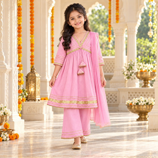 The Magic Wand Woven Elbow Sleeves Aaliya Cut Laced Kurti And Pant Set With Dupatta - Pink