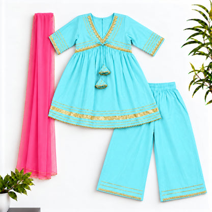The Magic Wand Woven Elbow Sleeves Aaliya Cut Laced Kurti And Pant Set With Dupatta - Sky Blue