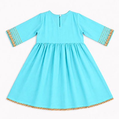 The Magic Wand Woven Elbow Sleeves Aaliya Cut Laced Kurti And Pant Set With Dupatta - Sky Blue