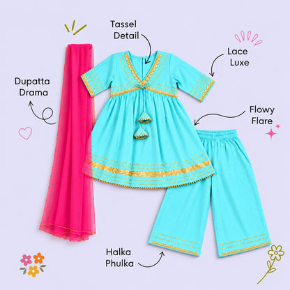 The Magic Wand Woven Elbow Sleeves Aaliya Cut Laced Kurti And Pant Set With Dupatta - Sky Blue
