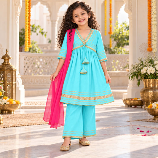 The Magic Wand Woven Elbow Sleeves Aaliya Cut Laced Kurti And Pant Set With Dupatta - Sky Blue