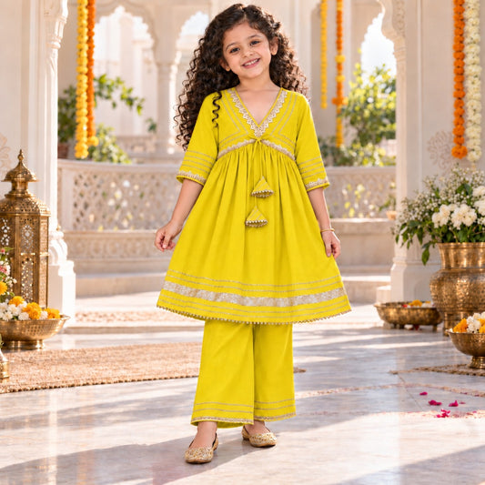 The Magic Wand Woven Elbow Sleeves Aaliya Cut Laced Kurti And Pant Set - Mustard