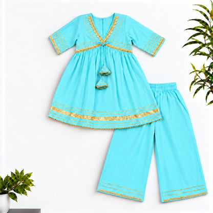 The Magic Wand Woven Elbow Sleeves Aaliya Cut Laced Kurti And Pant Set - Sky Blue