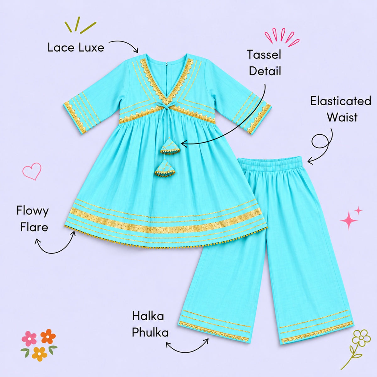 The Magic Wand Woven Elbow Sleeves Aaliya Cut Laced Kurti And Pant Set - Sky Blue