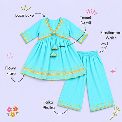 The Magic Wand Woven Elbow Sleeves Aaliya Cut Laced Kurti And Pant Set - Sky Blue